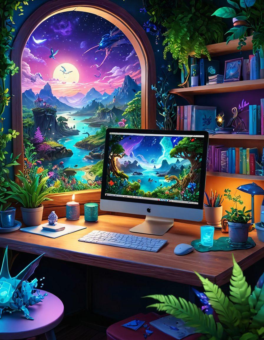 A whimsical digital diary sitting on a vibrant, futuristic desk, surrounded by Neopian creatures like faeries and neopets interacting lively with colorful digital elements. The background features a fantastical Neopian landscape, filled with lush greenery, sparkling skies, and playful virtual elements. The diary itself glows softly, showcasing pages filled with pixel art and doodles. The overall atmosphere conveys creativity and community. super-realistic. vibrant colors. fantasy style.