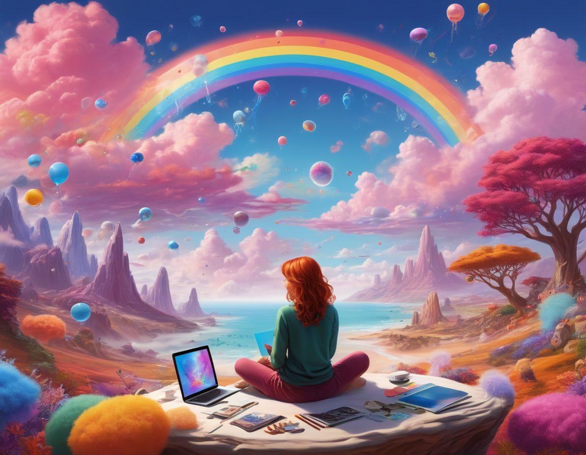 A whimsical scene featuring a vibrant Neopian landscape, filled with colorful jelly-like creatures and imaginative blogs floating in the sky. In the foreground, a friendly Neopian blogger sits at a laptop, surrounded by inspiration bubbles filled with art supplies and social media icons. The background showcases a rainbow-colored sky with playful clouds, symbolizing creativity and growth. super-realistic. vibrant colors. fantasy art.