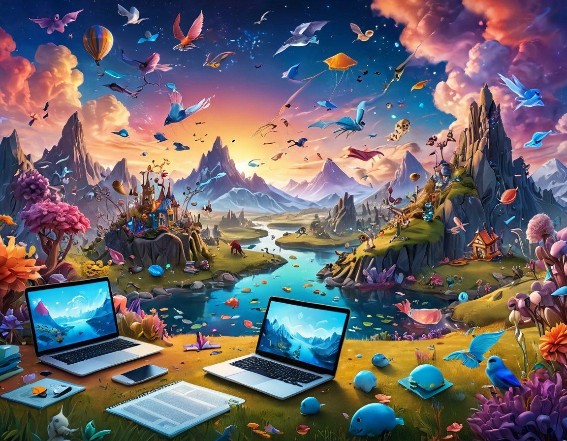 A whimsical illustration of a fantasy landscape filled with colorful Neopian creatures engaging in content creation, surrounded by floating digital devices showing blogs and articles. Include vibrant colors and a magical sky to capture the essence of creativity and community. Integrate various writing tools like quills and tablets scattered around the scene. super-realistic. vibrant colors. 3D.
